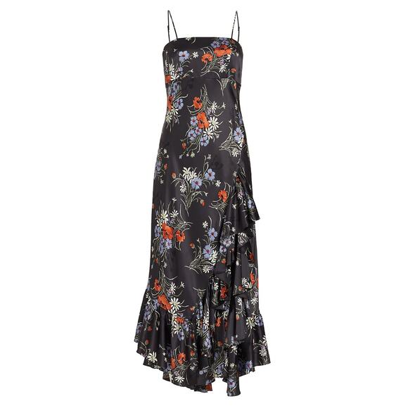 cinq a sept Dresses & Skirts - Cinq A Sept 'Penny' Black Polyester Satin Floral Ruffled Maxi Dress Size 0